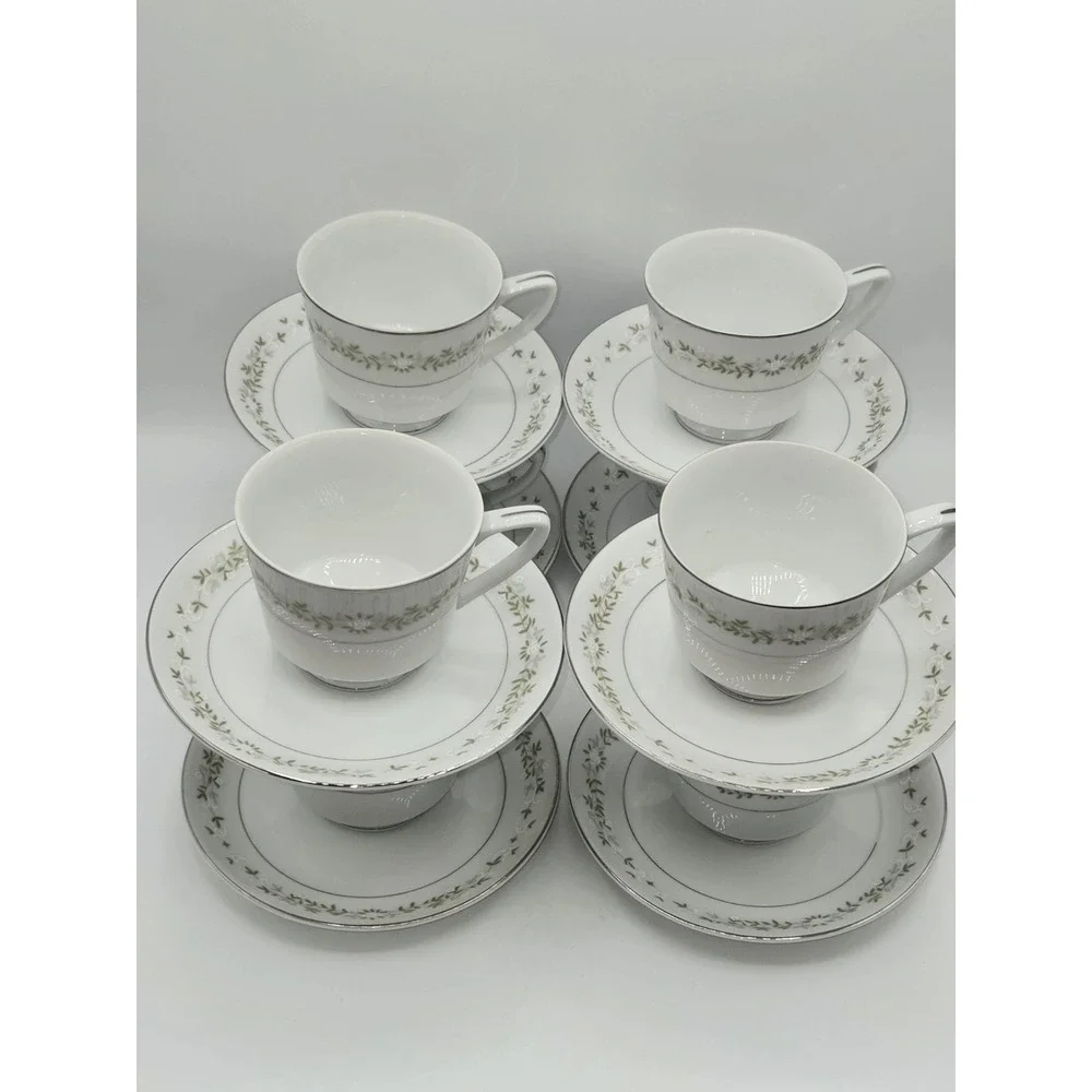 Berkeley House June Bride 6150 Japan 8 Cup & Saucer Sets Fine China Silver Trim
